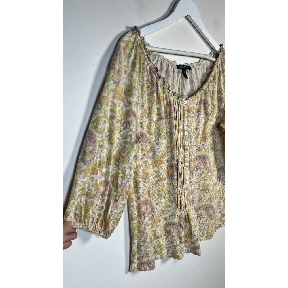 Lauren Ralph Lauren Large Pastel‎ Paisley Cotton Scoop Neck Pintuck Blouse - Picture 4 of 8